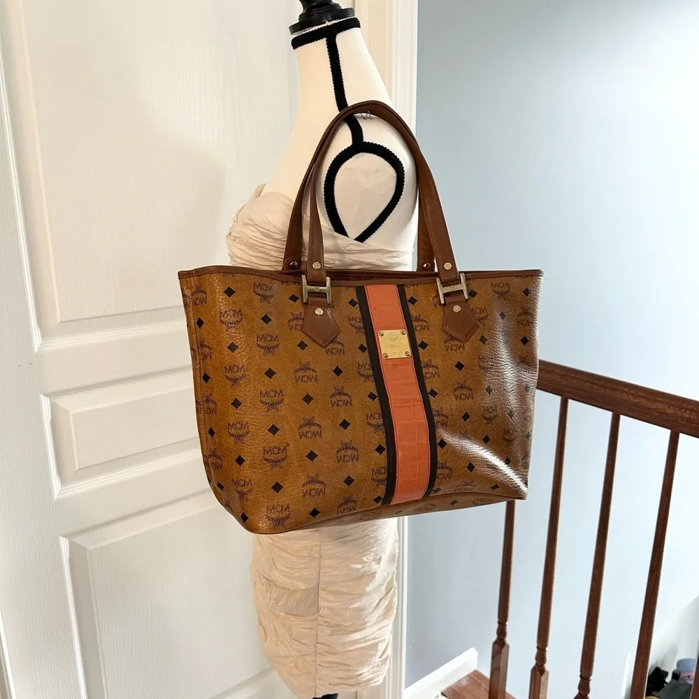 💙 MCM Anya Visetos Cognac and Orange Croc Leather Tote Shoulder Bag - Authentic